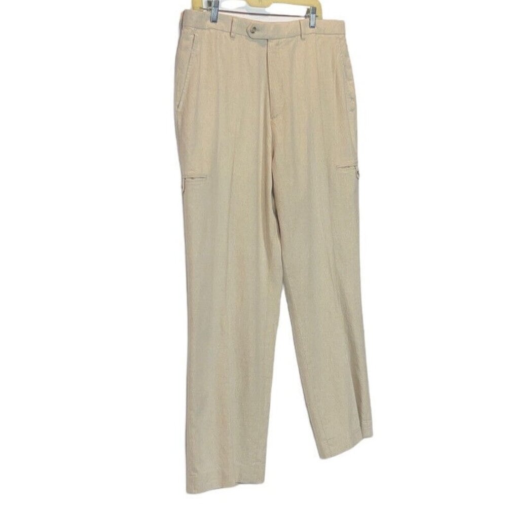 Geoffrey Beene 36X 30 Beige Cargo Linen Blend Flat Front Pants Beach Ocean
